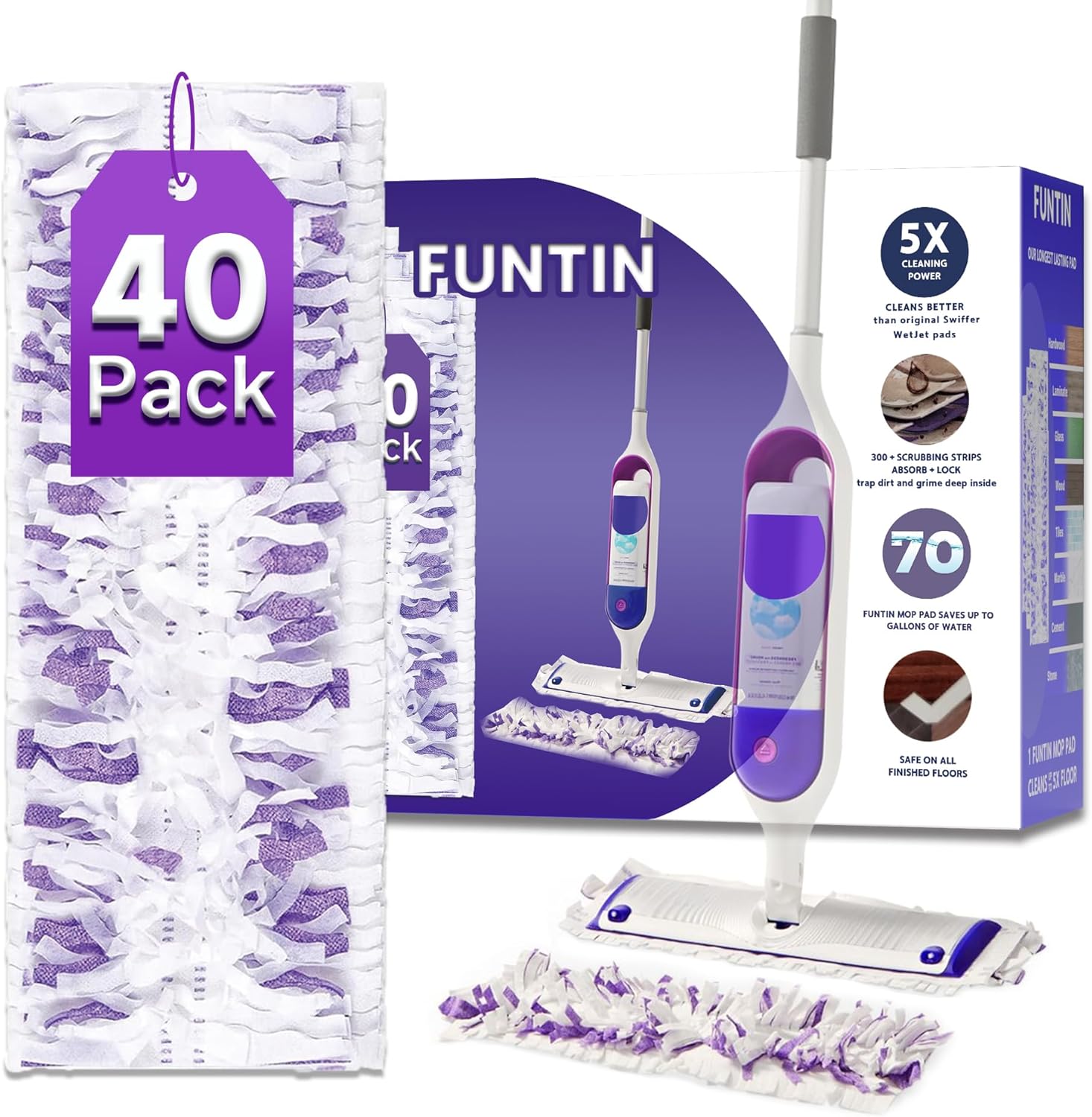 Funtin 40 Pack Mop Pads, Compatible with Swiffer Power Mop | MOP NOT Included | Unscented Thickened 12-Layer Disposable | Wet/Dry Floors