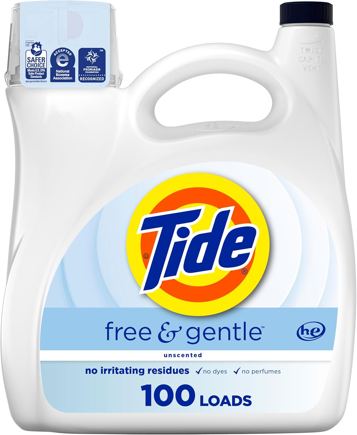 Tide Free & Gentle Liquid Laundry Detergent, 100 Loads, 132 fl oz, Tide Laundry Detergent, Clean Laundry Detergent (Packaging May Vary)
