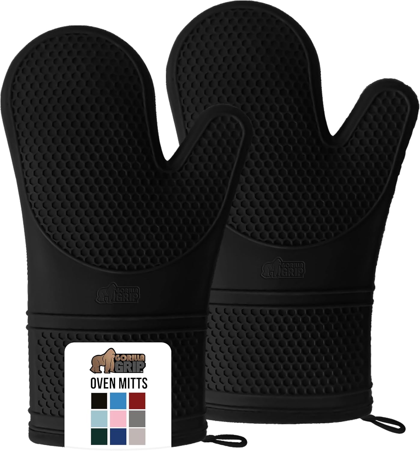 GORILLA GRIP BPA-Free Soft Silicone Oven Mitts, Heat Resistant and Waterproof Cooking Gloves, Thick Cotton Lining, Flexible Gripping for Baking Grilling, Kitchen Potholders Set of 2, 12.5x8.3, Black