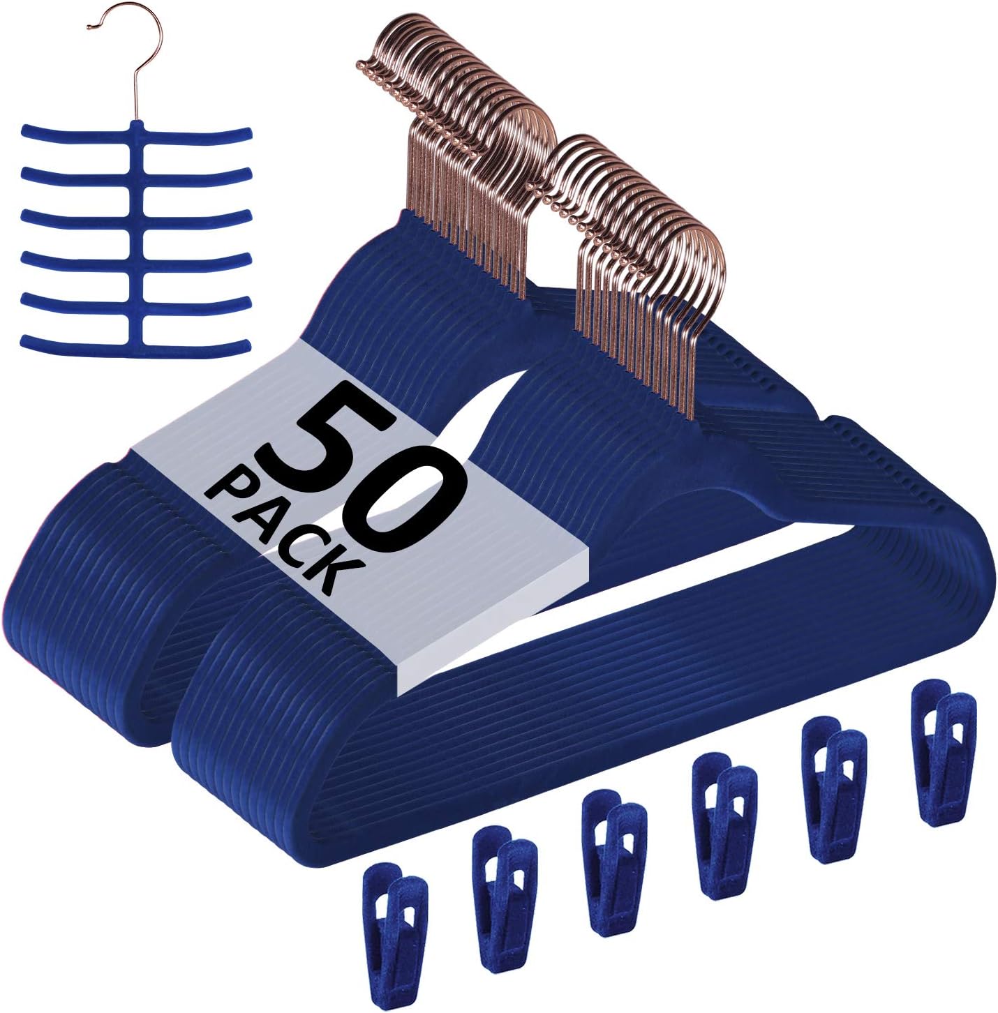 VECELO Premium Velvet Clothes Hangers Suit Heavy Duty (50 Pack)-Non Slip & Space-Saving with 6 Finger Clips & Tie Rack Excellent for Men and Women,Dark Blue
