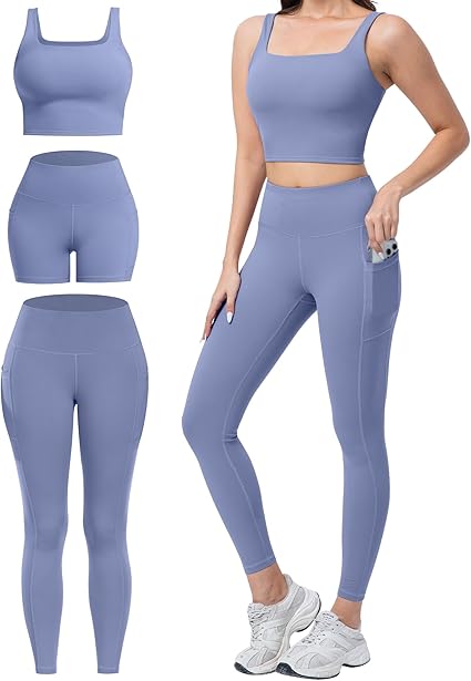 3 Piece Workout Sets for Women High Waisted Leggings with Pockets Tummy Control Biker Shorts Yoga Sports Bra