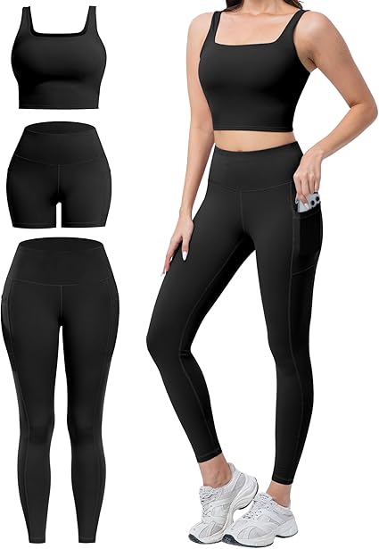 3 Piece Workout Sets for Women High Waisted Leggings with Pockets Tummy Control Biker Shorts Yoga Sports Bra black