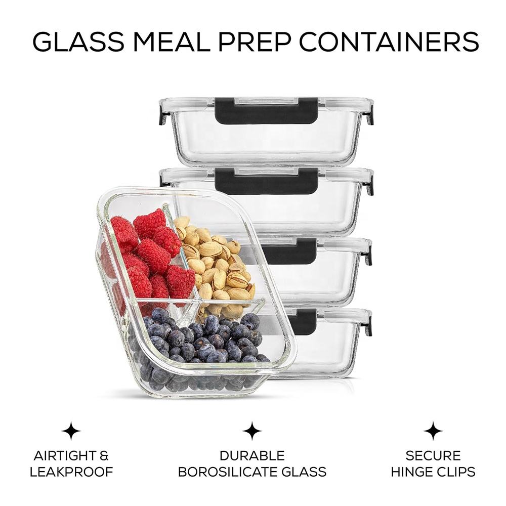 Kitchen Meal Prep Divided Food Storage & Container Leak-proof Airtight Glass Jars with Lids