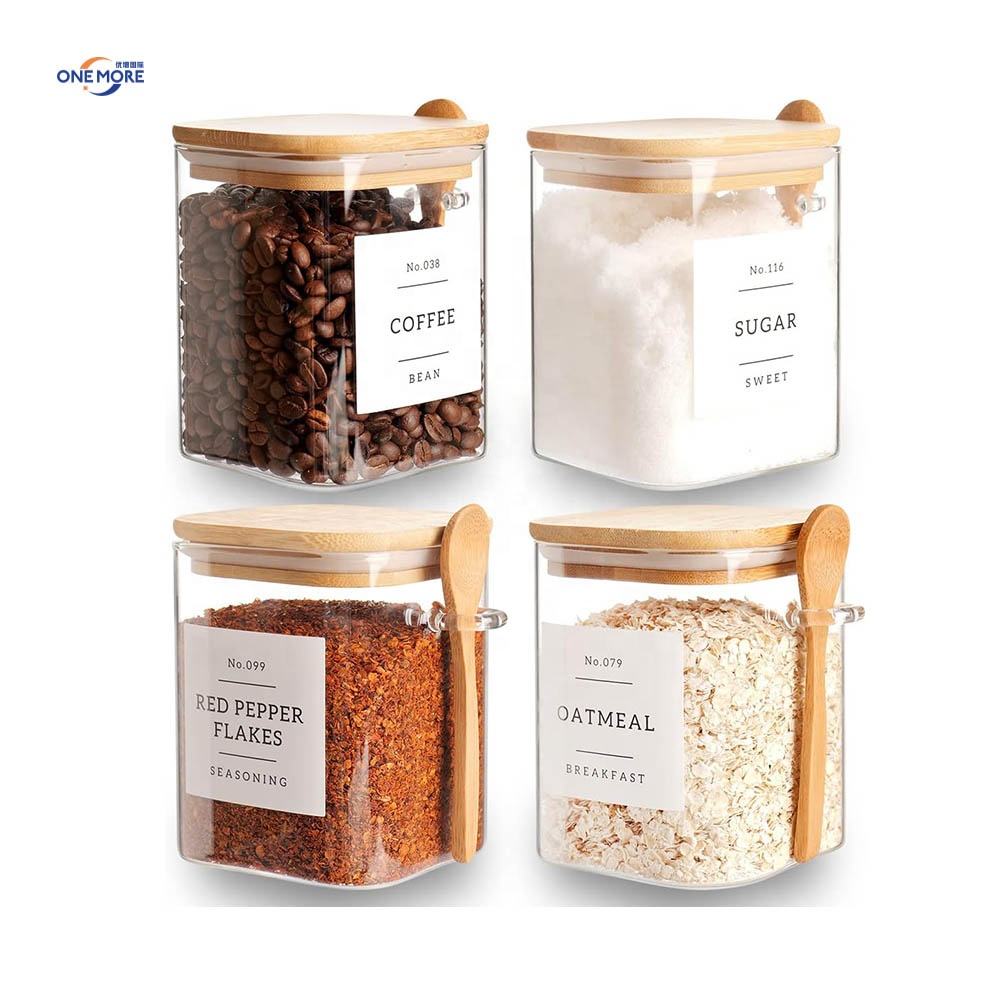 Custom Square Borosilicate Glass Spice Storage Bottles & Jars with Bamboo Lids and Spoons