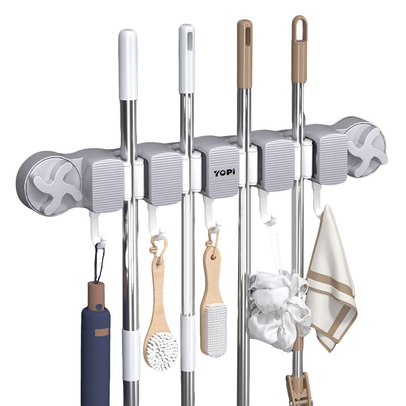 Multi-Functional Wall-Mounted Mop Rack Punch-Free Plastic Suction Cup Bathroom Hook Strong Household Cleaning Tool Holder